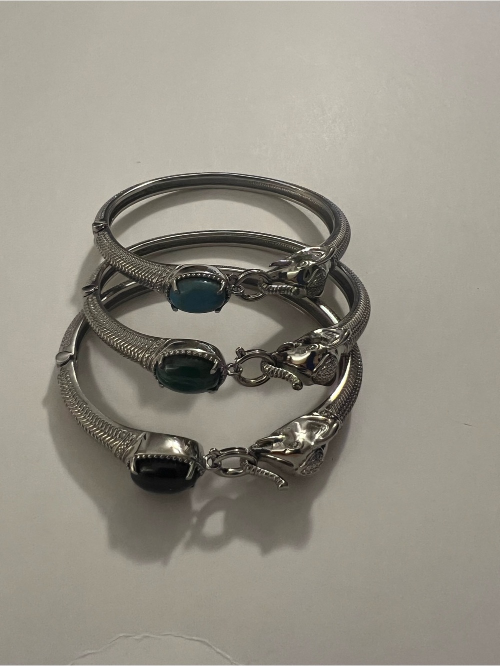 Surgical Steel Elephant Head Bracelet with Blue, Green, and Black Stone Accents